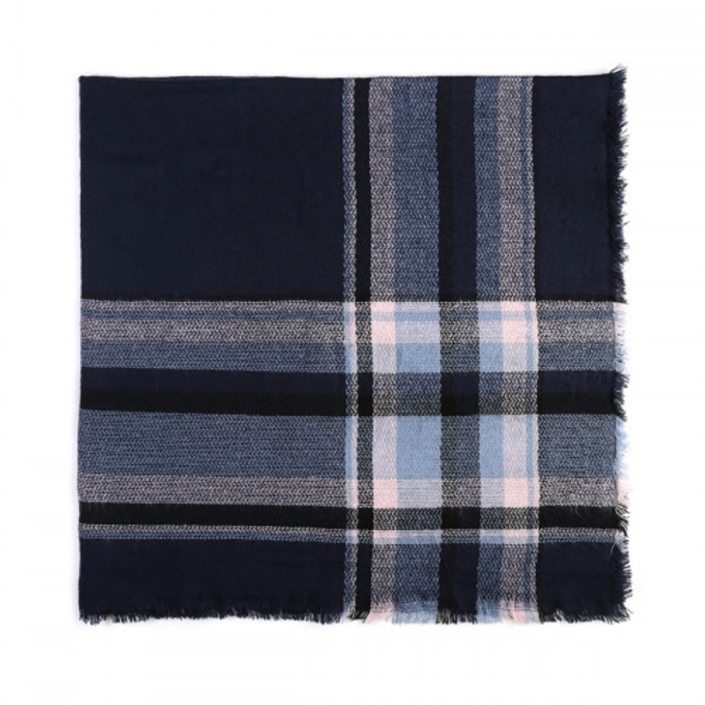 NWT Oversized Navy Blue Plaid Blanket Scarf Tartan Fringe Wrap 55x55 - Picture 5 of 6